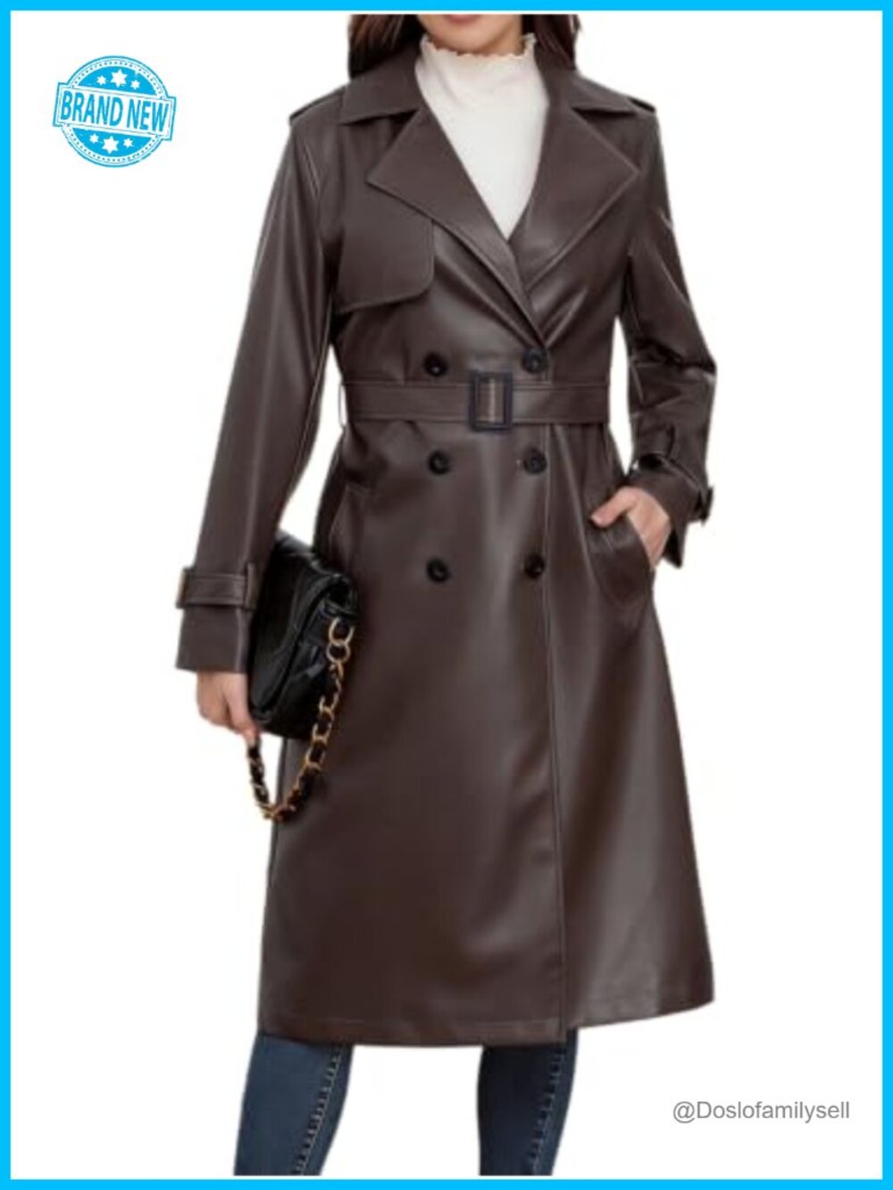 Faux Leather Trench Coat Double Breasted Belted Long Jacket